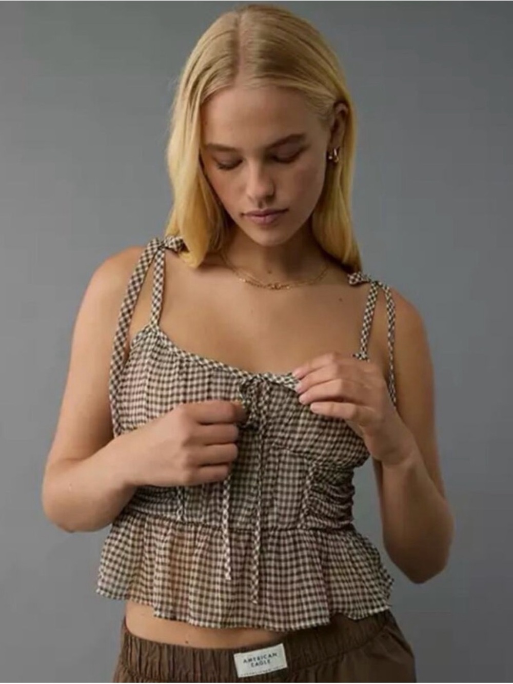 American Eagle Outfitters Brown Gingham Tie-Strap Smocked Cami